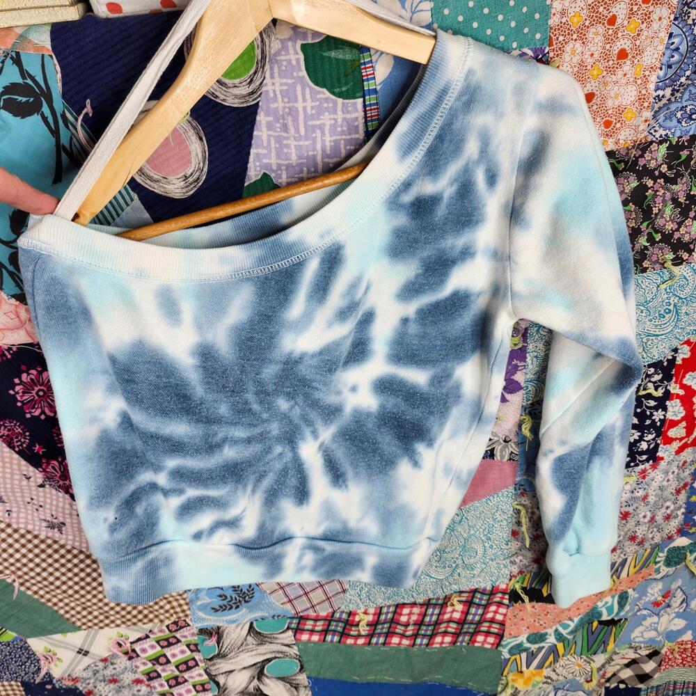 Ocean Drive Tie Dye Pullover Sweatshirt One Shoulder Top Blue White S